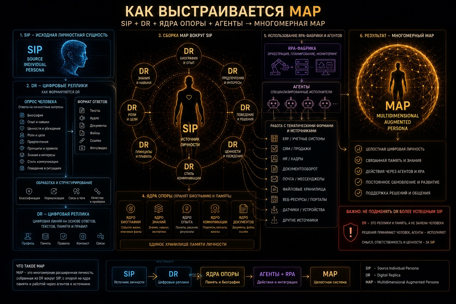 MAP формируется не из одного промпта, а из связанной архитектуры: SIP, личностных вопросников, опорных ядер, цифровых реплик, агентов, тематических форм и обязательного возврата к исходной личности.